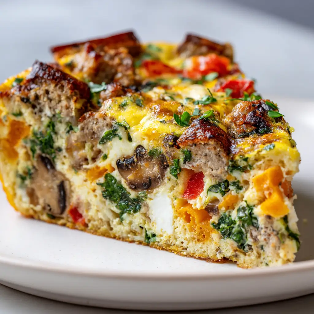 Close-up slice of Winter Vegetable & Sausage Breakfast Frittata on a white plate, showcasing layers of browned sausage, mushrooms, spinach, bell pepper, vibrant butternut squash, and fluffy golden egg.