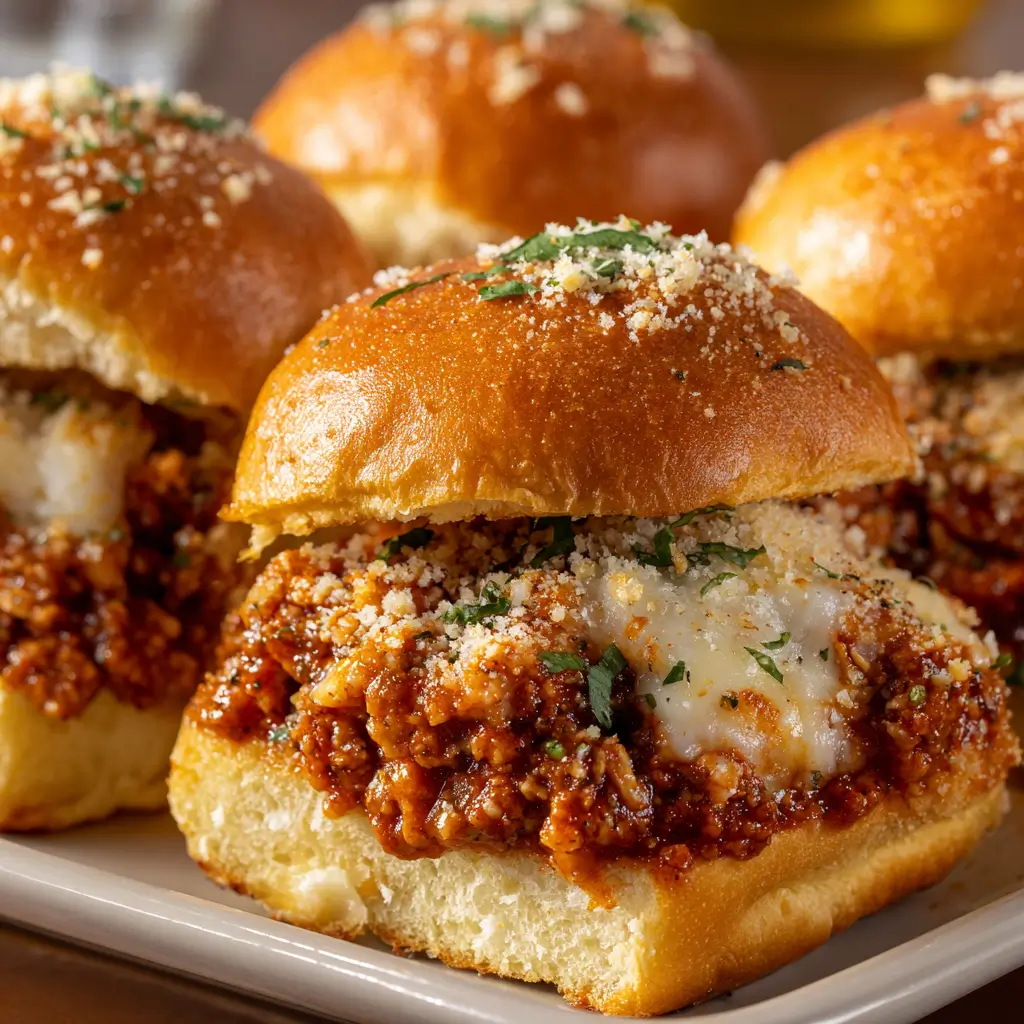 Soft brioche buns filled with saucy ground chicken, melted cheese, and a sprinkle of herbs and parmesan.