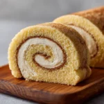 Slice of coffee-flavored Swiss roll with creamy swirl filling.