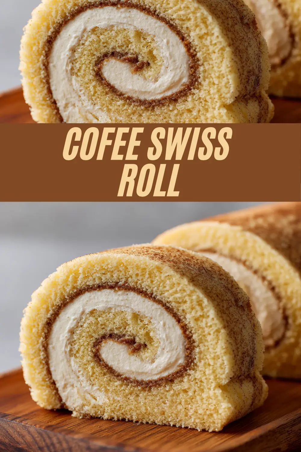 Recipe steps for making a coffee Swiss roll cake with creamy filling.
