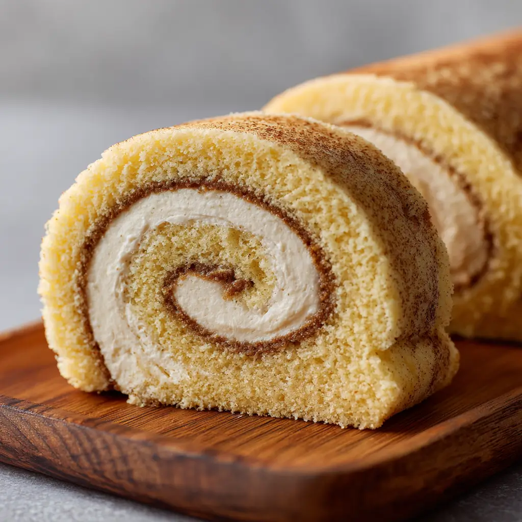 Slice of coffee-flavored Swiss roll with creamy swirl filling.