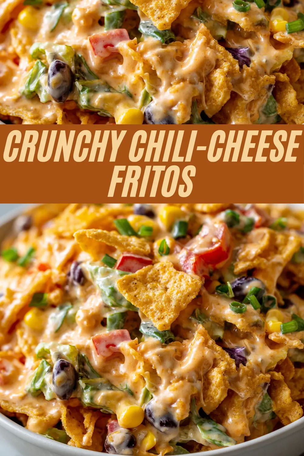 A graphic recipe card for Crunchy Chili-Cheese Fritos Salad, with creamy vegetables, black beans, corn, and chili cheese Fritos chips, featuring a bold tan and brown title area.
