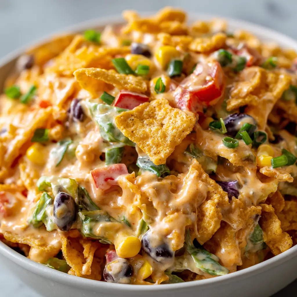 A vibrant bowl of creamy chili cheese Fritos salad, layered with crunchy corn chips, black beans, corn, red and green bell peppers, scallions, and a rich cheese dressing.
