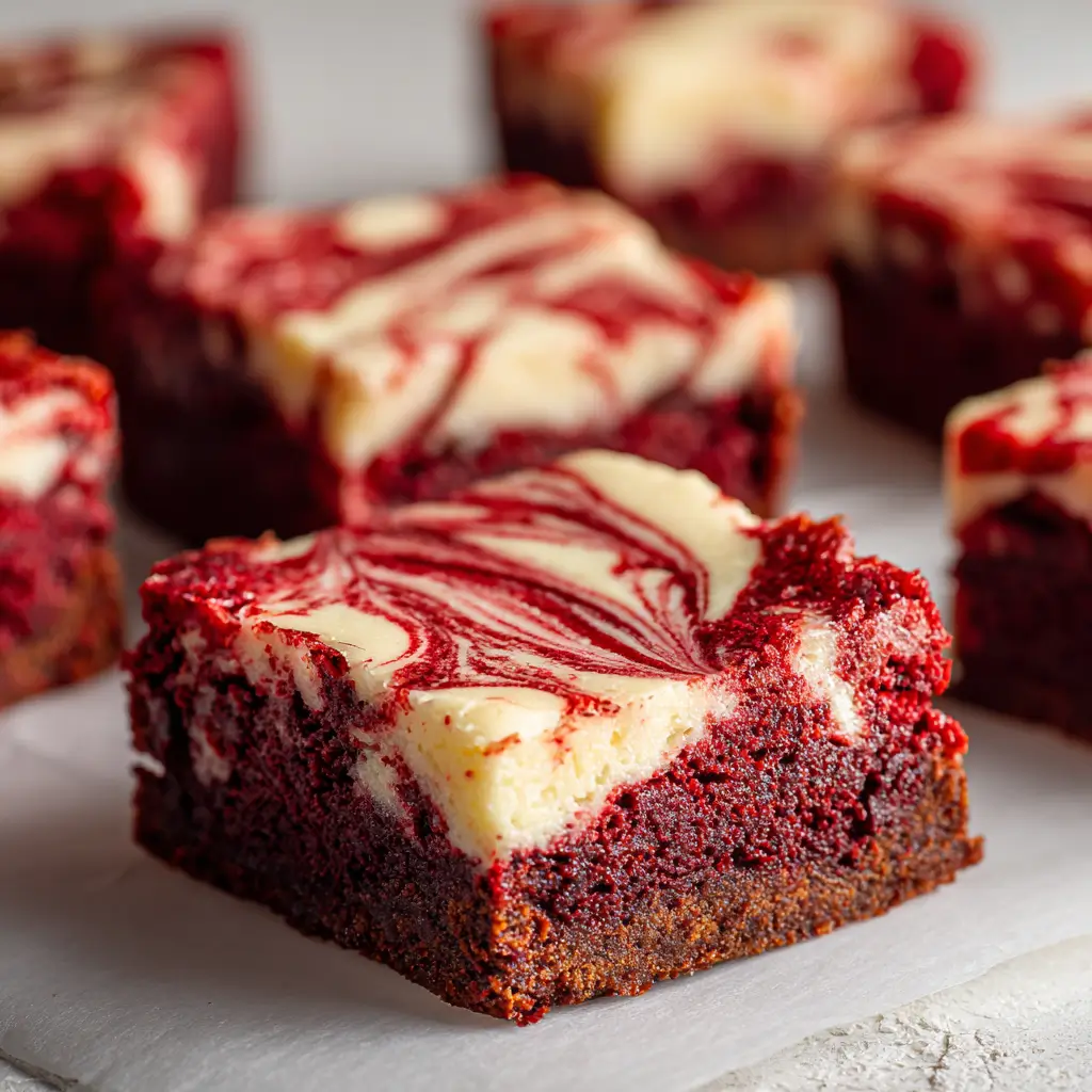 Fudgy red velvet cheesecake brownie square with dense red layers and a marbled cream cheese swirl, sitting on a white marble surface.