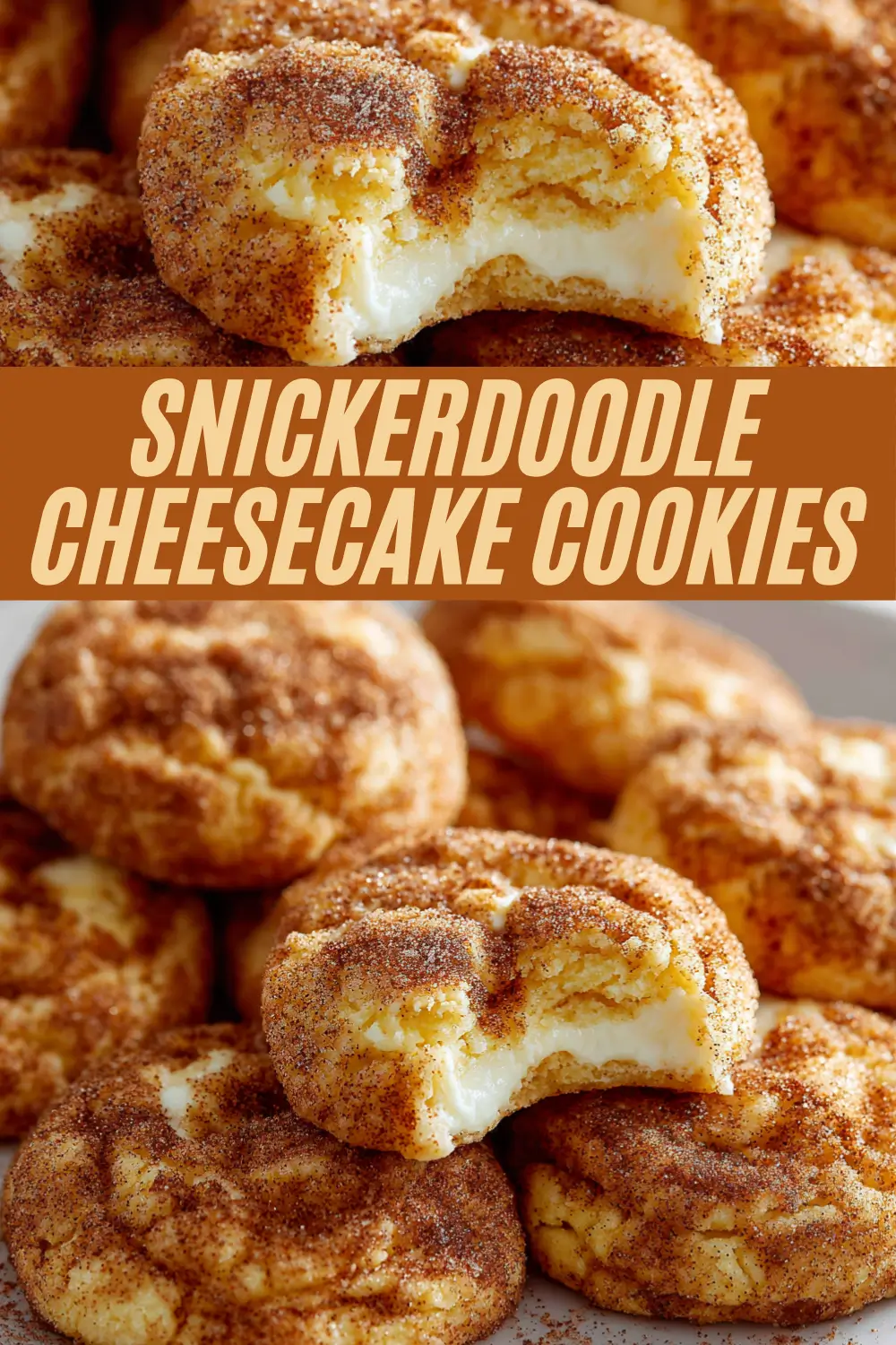 Snickerdoodle cheesecake cookies with creamy filling and cinnamon sugar topping.
