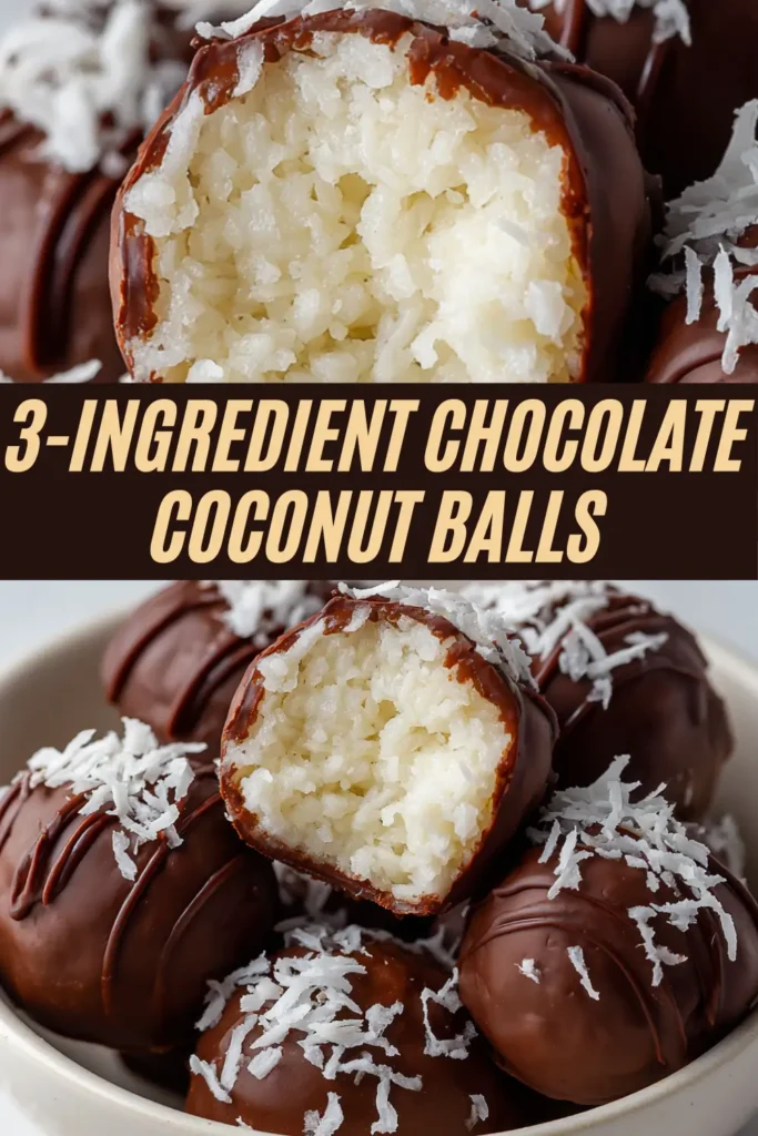 Recipe card for 3-ingredient chocolate coconut balls with chocolate coating, shredded coconut, and creamy white interior.
