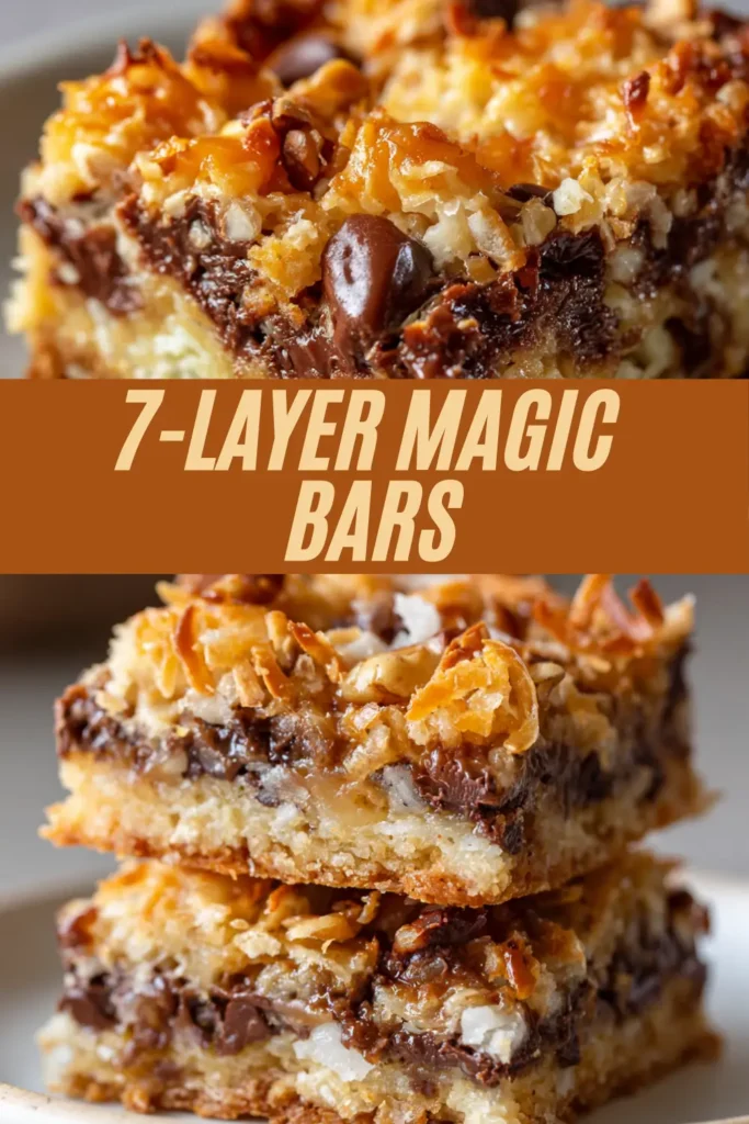 A single square of 7-Layer Magic Bar on a small white plate, showing the layers of graham cracker crust, gooey sweetened condensed milk, chocolate chips, coconut, and pecans.