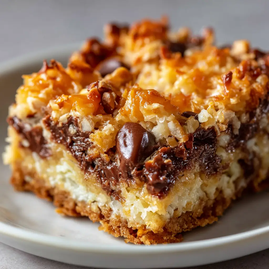Promotional image titled "7-LAYER MAGIC BARS," featuring a stacked portion of the gooey dessert bars with visible layers of chocolate, coconut, and a crumb crust.