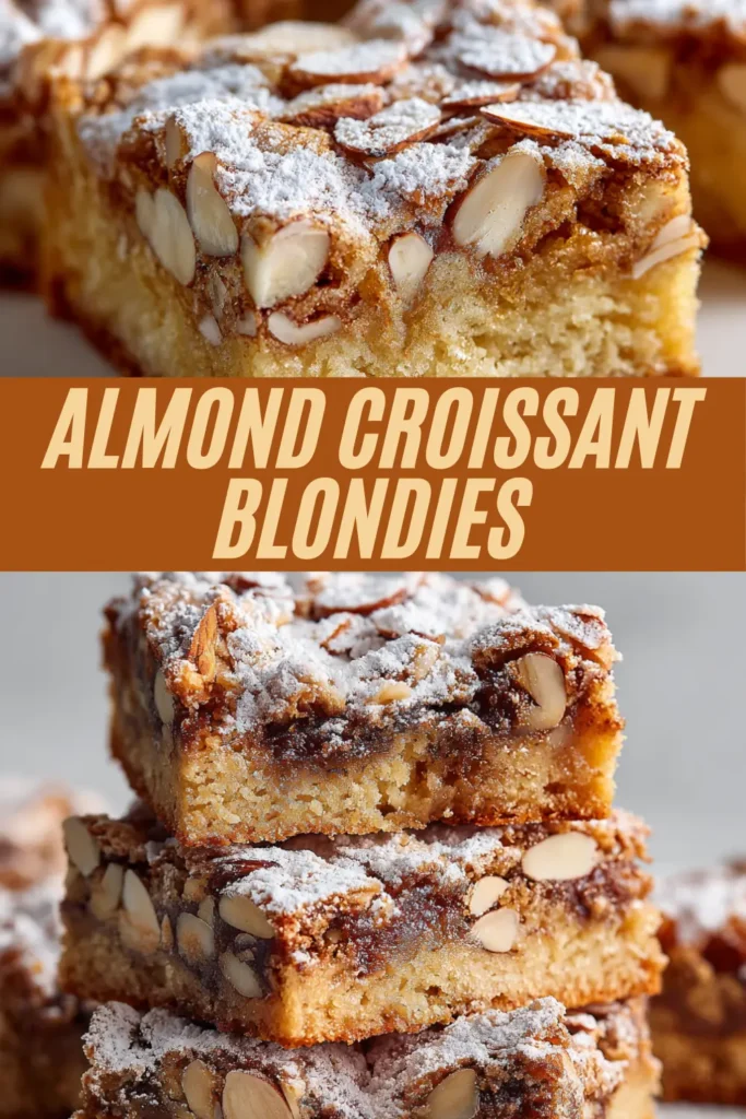 Almond croissant blondies topped with sliced almonds and powdered sugar, stacked in squares on a plate.