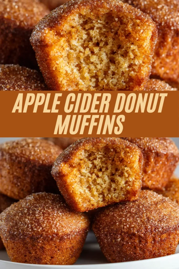 Apple cider donut muffins recipe with tender cinnamon sugar–coated muffins stacked on a plate, one showing a moist, cakey center.