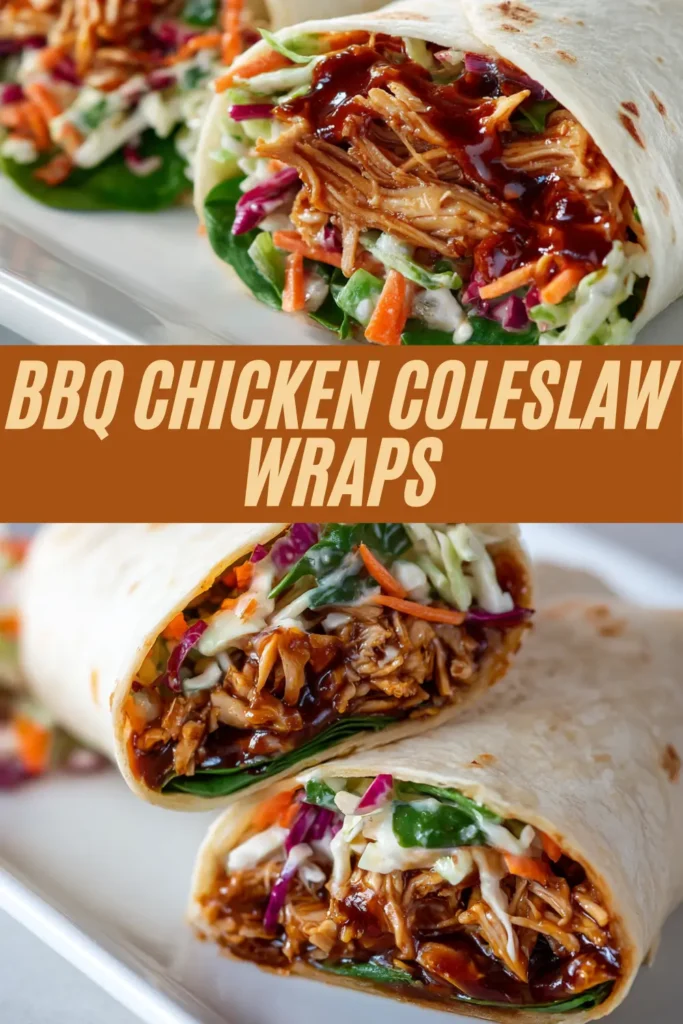 BBQ chicken coleslaw wraps recipe with shredded barbecue chicken, creamy coleslaw, and fresh greens rolled in soft flour tortillas.