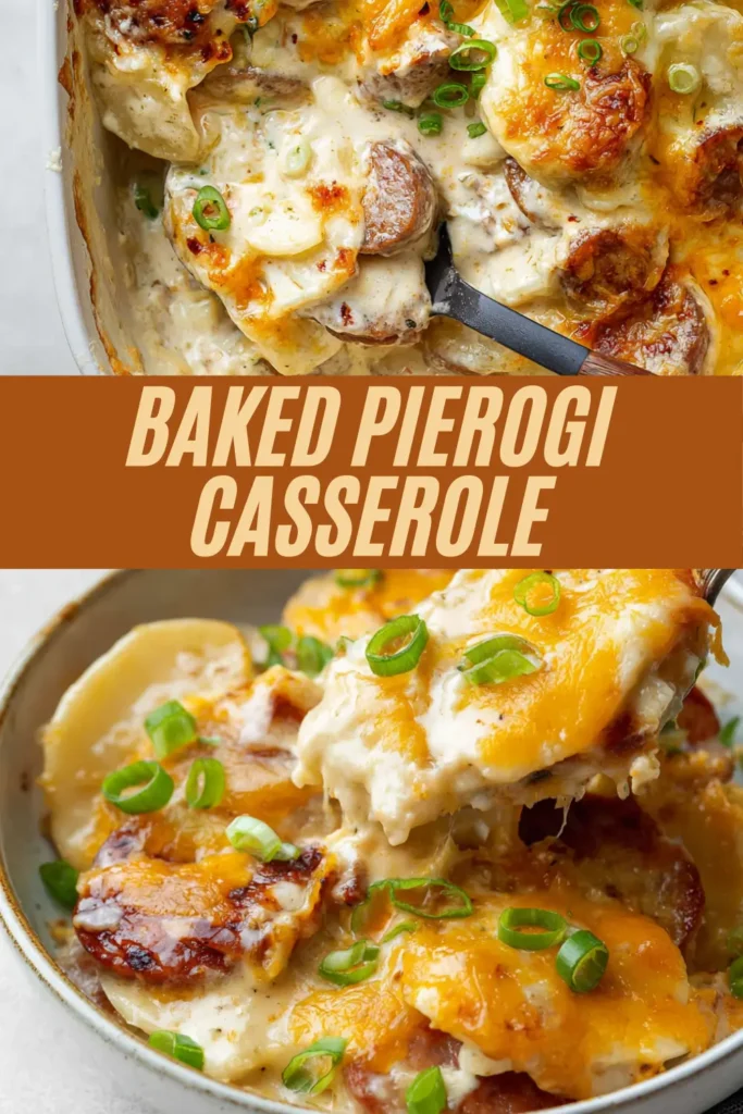 Spoon lifting a portion of creamy pierogi casserole with sausage and melted cheese from a bowl