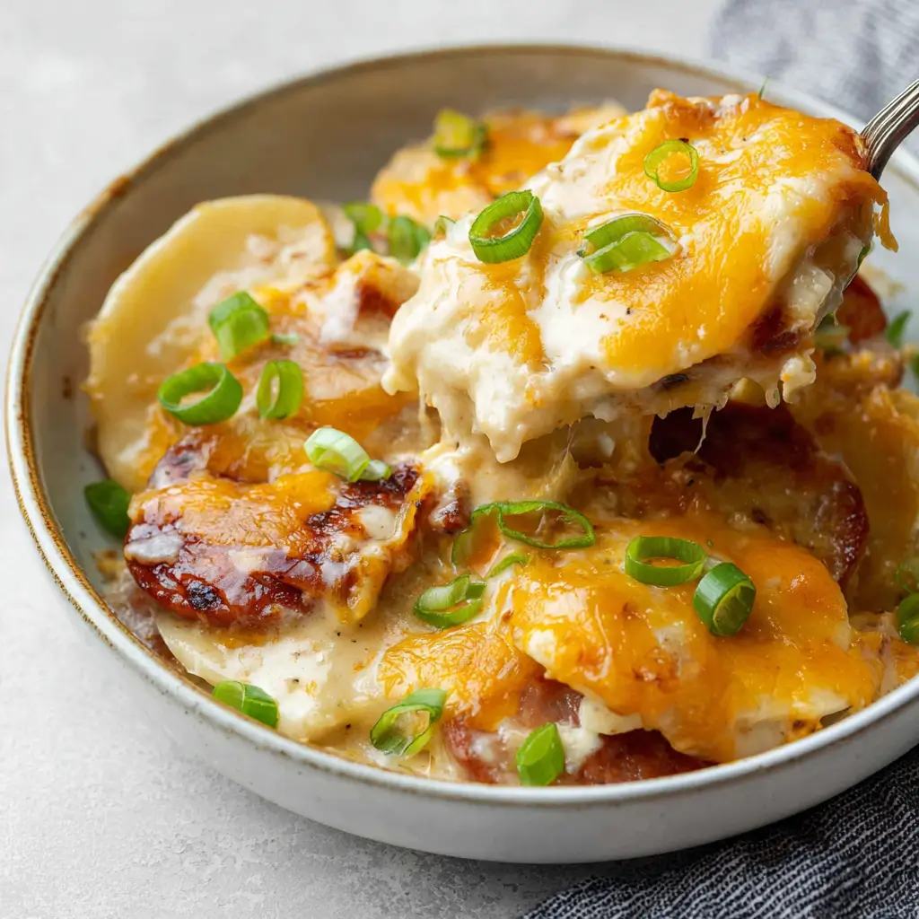 Close-up of a spoon lifting creamy soup with shredded chicken bacon and jalapeno slices