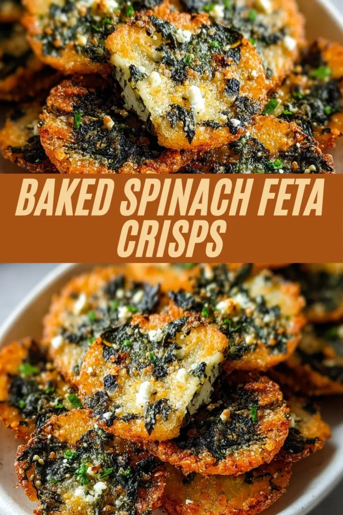 Baked spinach feta crisps recipe with golden, round parmesan crisps topped with spinach, feta, and herbs on a plate.