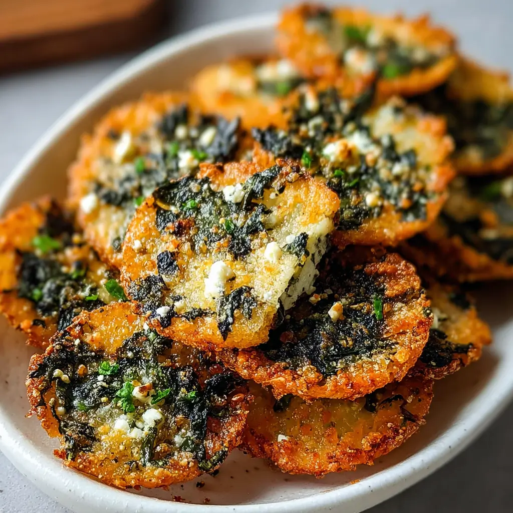 Baked spinach feta crisps made from golden, cheesy rounds topped with spinach, feta, and herbs stacked on a white plate.
