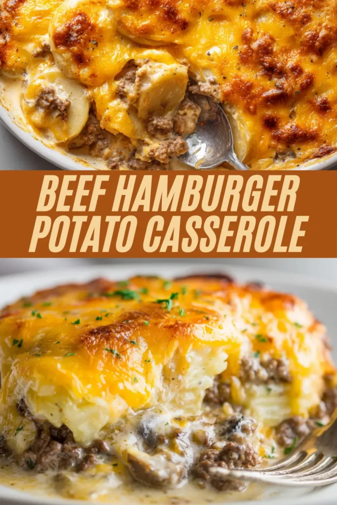 Beef hamburger potato casserole recipe with layers of sliced potatoes, seasoned ground beef, creamy sauce, and bubbly melted cheddar cheese in a baking dish and on a plate.