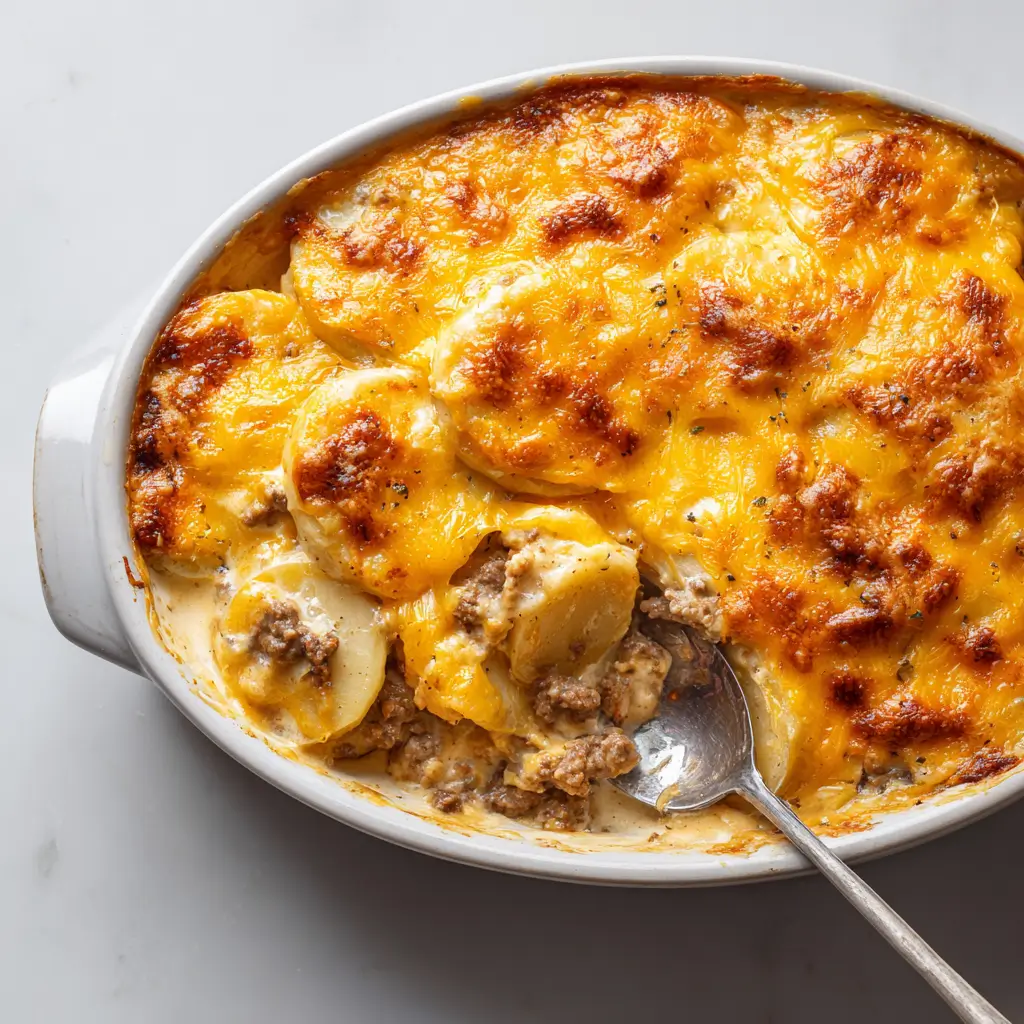 Creamy beef hamburger potato casserole topped with golden melted cheese, with a spoonful showing layers of sliced potatoes, ground beef, and sauce.