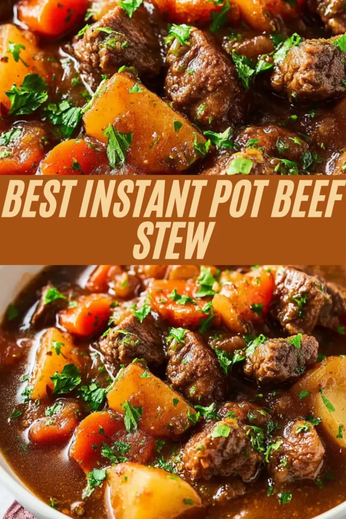 Close-up of Instant Pot beef stew with chunks of beef, potatoes, and carrots in a thick brown gravy, topped with parsley.