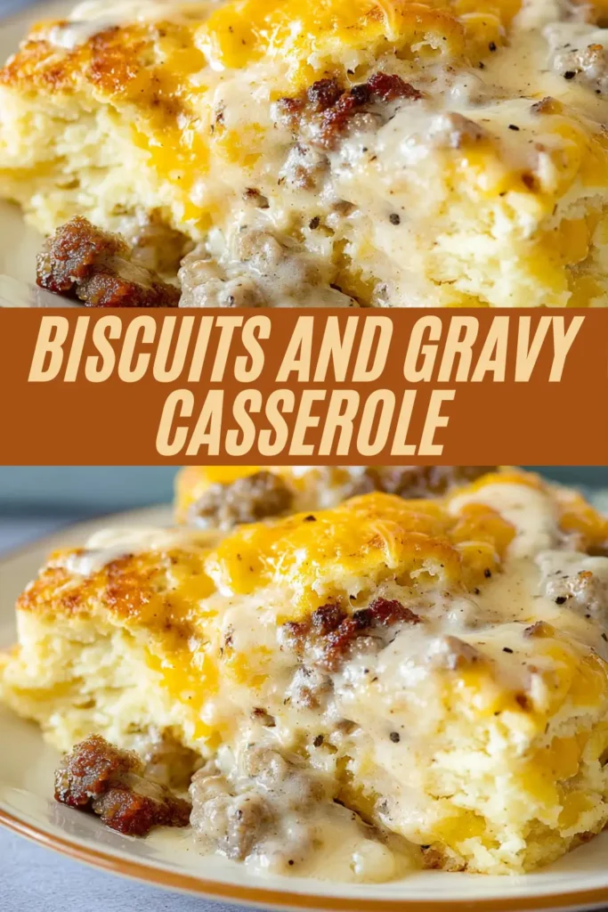 A slice of biscuits and gravy casserole with fluffy biscuit layers, crumbled sausage, and creamy country gravy topped with melted cheese.