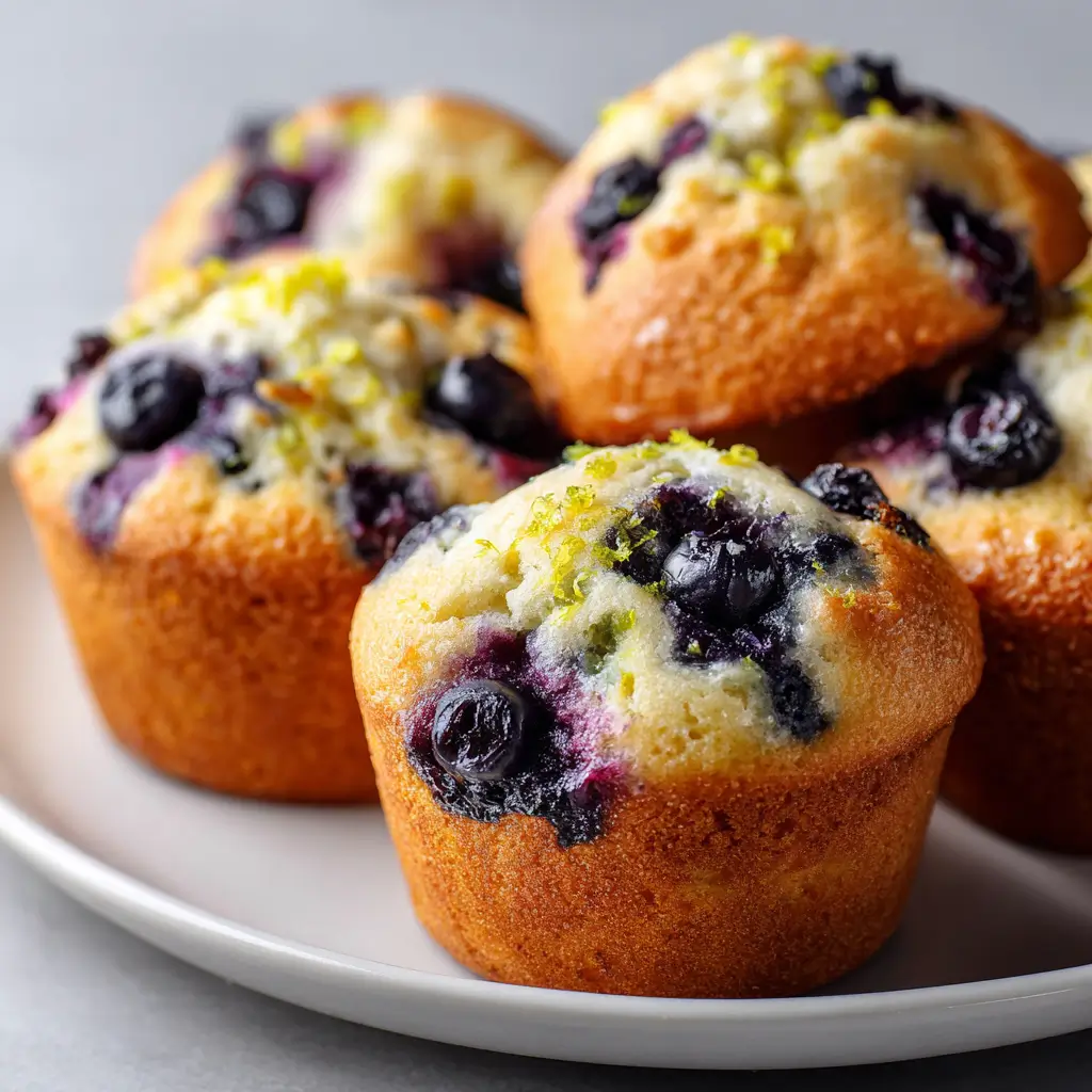 Tall golden muffins bursting with blueberries, topped with lemon zest and sugar crystals.