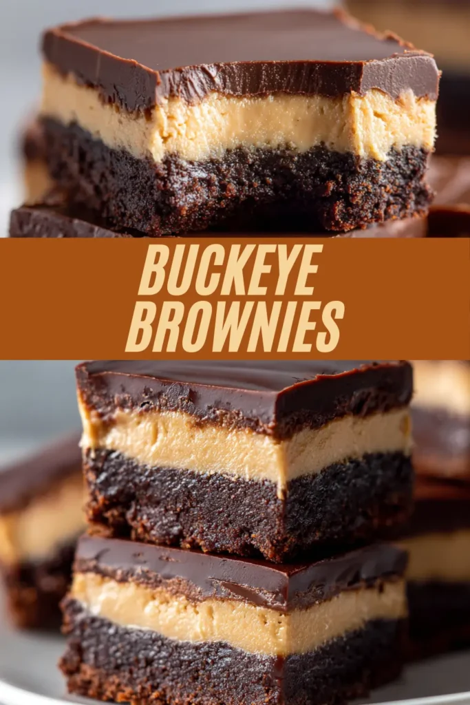 Thick buckeye brownies with a fudgy chocolate base, creamy peanut butter layer, and glossy chocolate ganache on top, stacked on a plate.