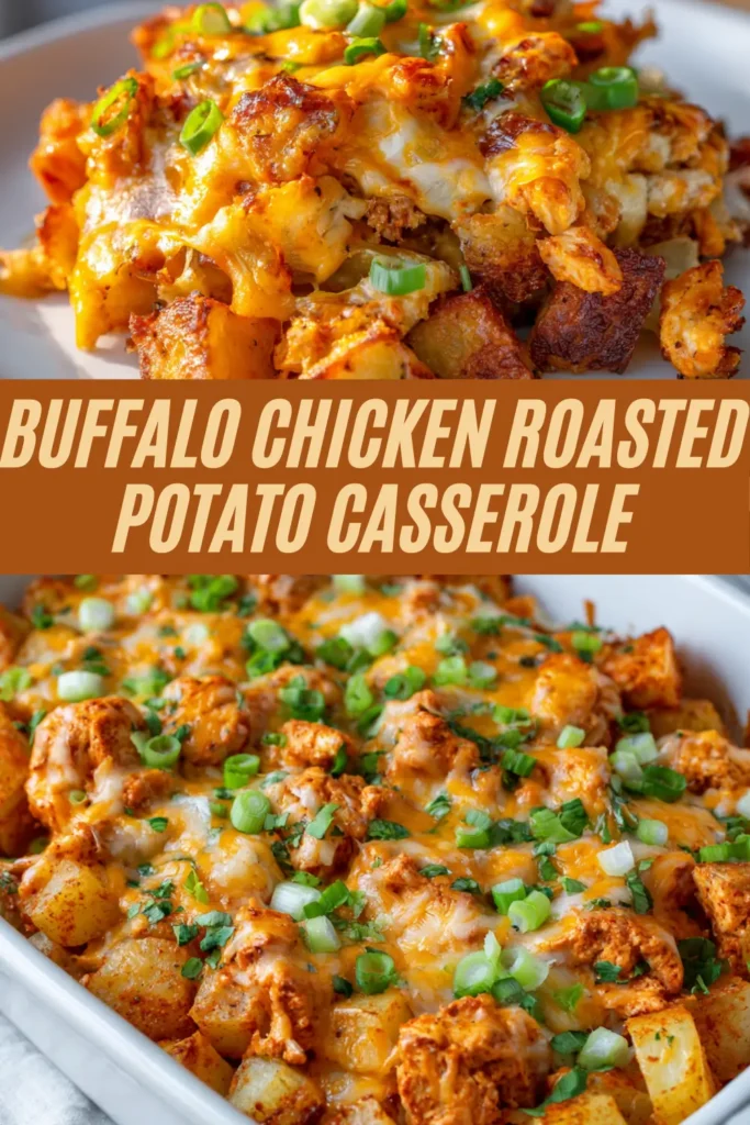 Promotional image titled "BUFFALO CHICKEN ROASTED POTATO CASSEROLE," split between a plated serving and the full casserole dish, both topped with cheese and green onions.