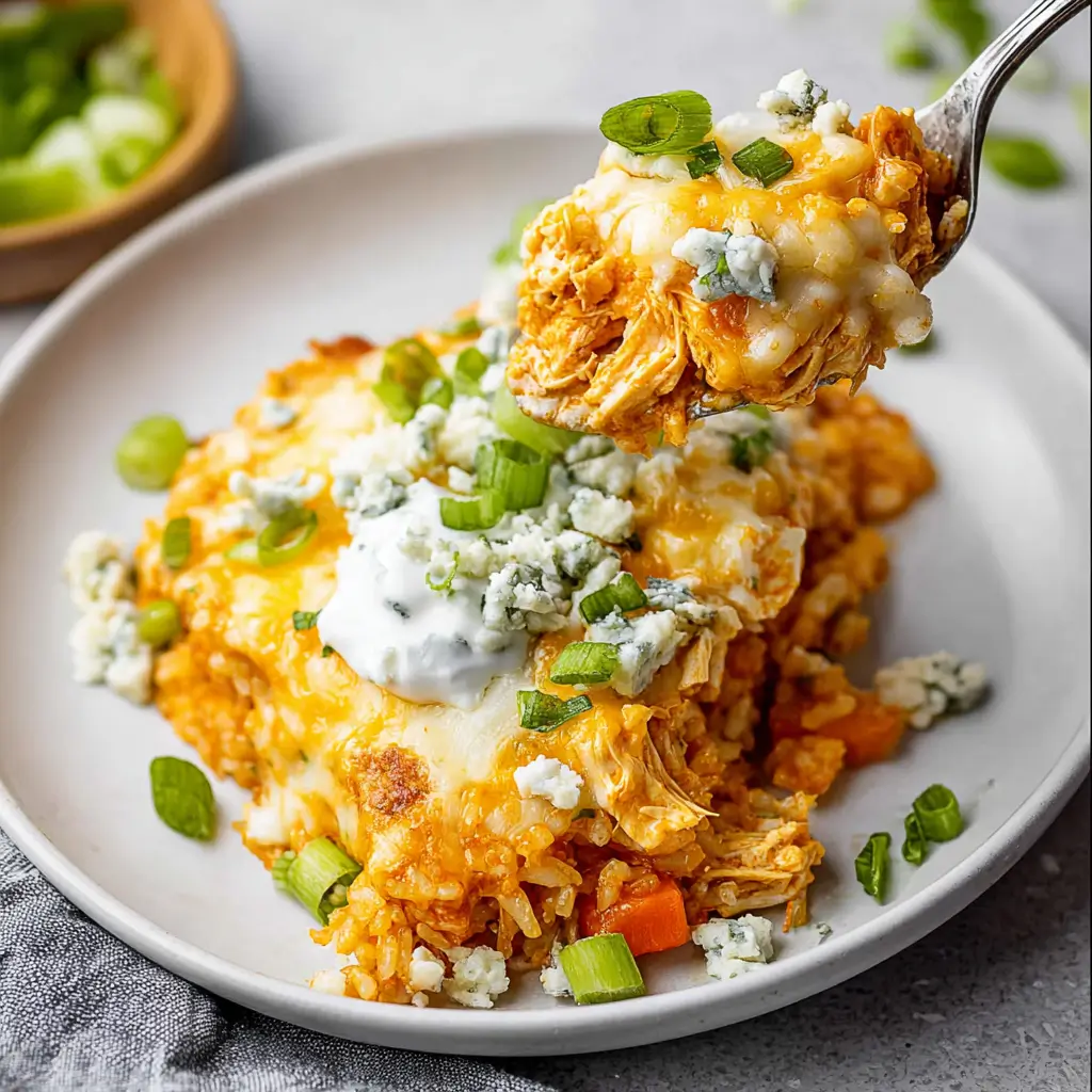 A serving of buffalo chicken and rice bake topped with melted cheese, blue cheese crumbles, sour cream, and sliced green onions on a white plate.