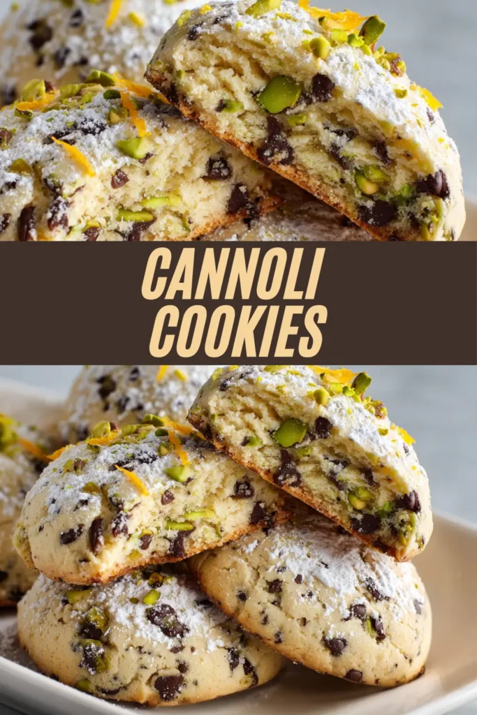 Soft cannoli cookies filled with pistachios, dusted with powdered sugar and orange zest.