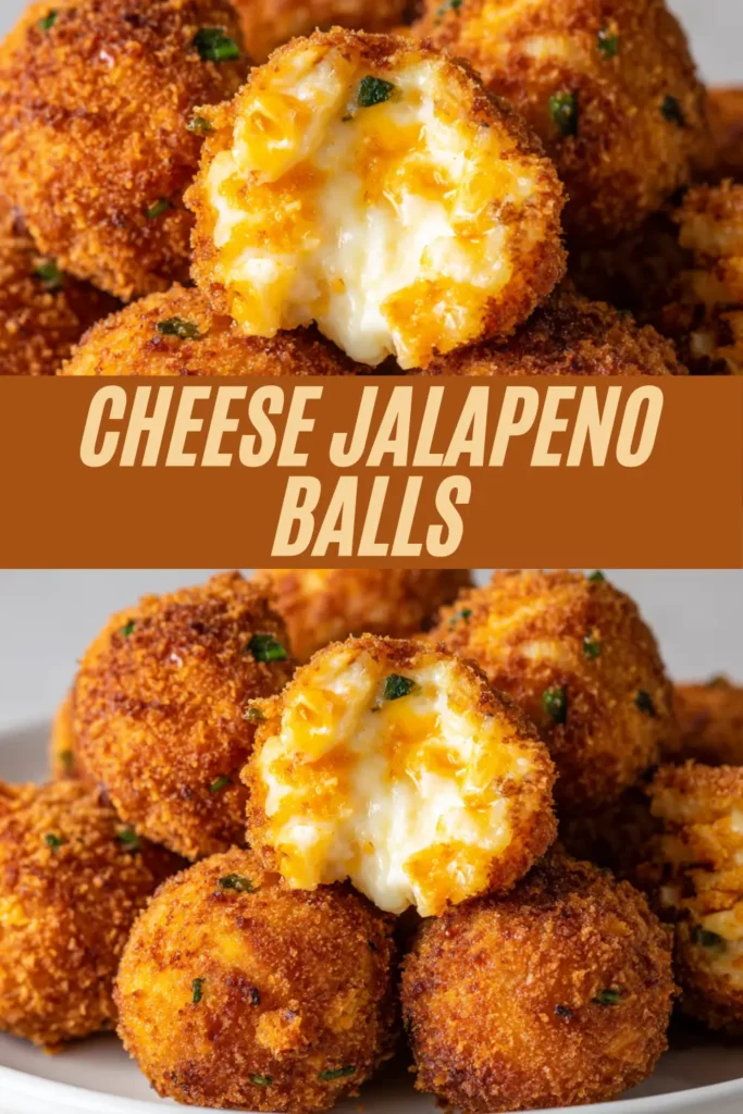Promotional image titled "CHEESE JALAPENO BALLS," showing a stack of crispy, golden appetizer balls, with one broken open to display the melted cheese filling.