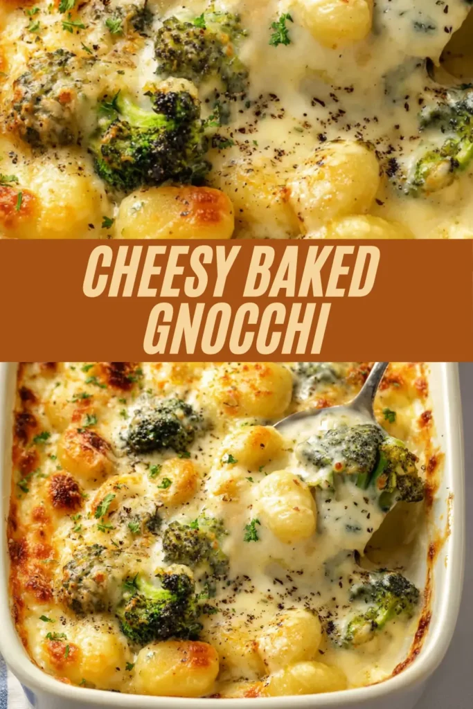Cheesy baked gnocchi casserole with broccoli florets in a creamy cheese sauce, baked until golden and bubbly in a white dish.