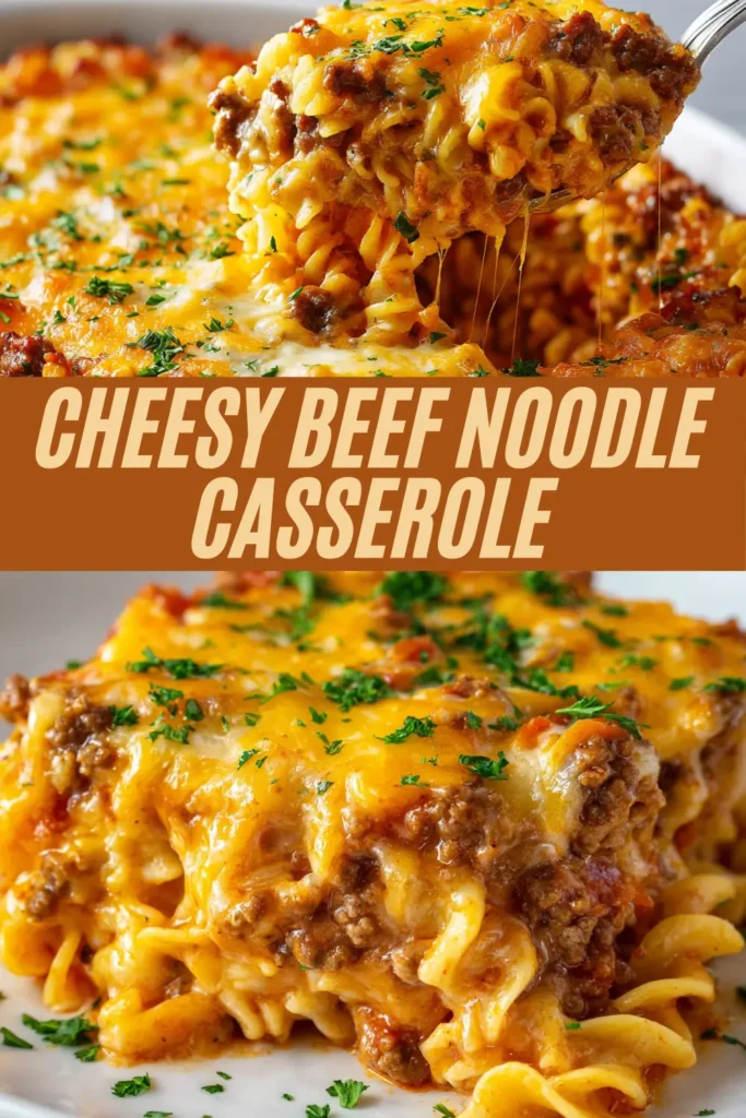 Cheesy beef noodle casserole recipe with spiral pasta, seasoned ground beef, tomato sauce, and a golden melted cheese topping sliced on a plate.