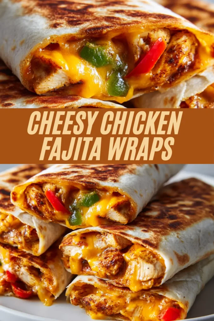 Griddled cheesy chicken fajita wraps filled with seasoned chicken strips, melted cheddar, and red and green bell peppers on a plate.