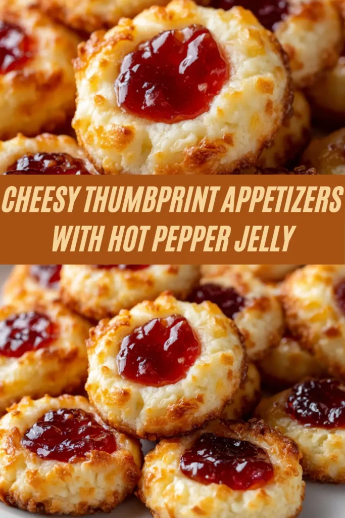 Bite-sized cheesy thumbprint appetizers topped with glossy red hot pepper jelly on a white plate.