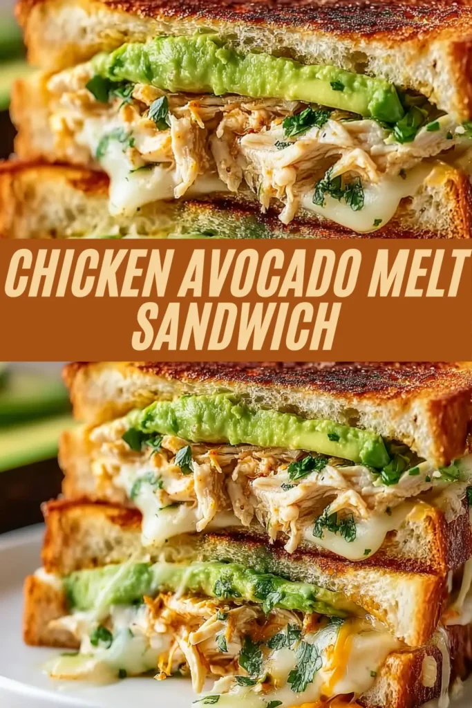 Golden grilled chicken avocado melt sandwich stacked with shredded chicken, creamy avocado, melted cheese, and fresh herbs on toasted bread.