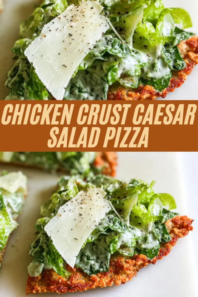 Crispy chicken crust pizza topped with creamy Caesar dressing, romaine lettuce, parmesan, and black pepper.