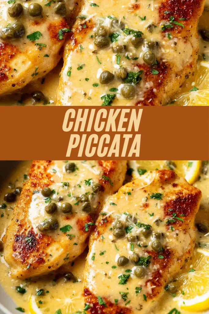 Golden pan-seared chicken breasts in a creamy lemon-butter sauce topped with capers and parsley.