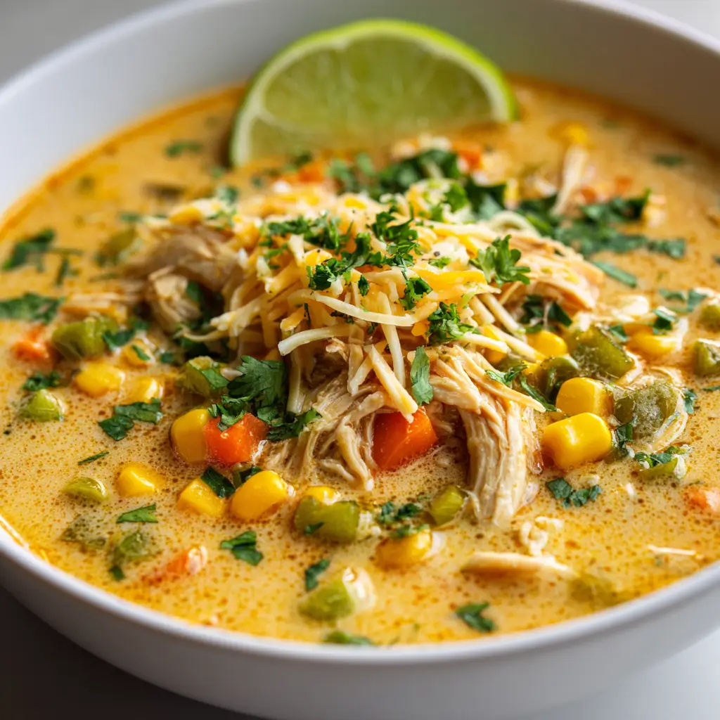 Bowl of creamy chicken poblano soup with shredded chicken, corn, peppers, carrots, cilantro, shredded cheese, and a lime wedge.