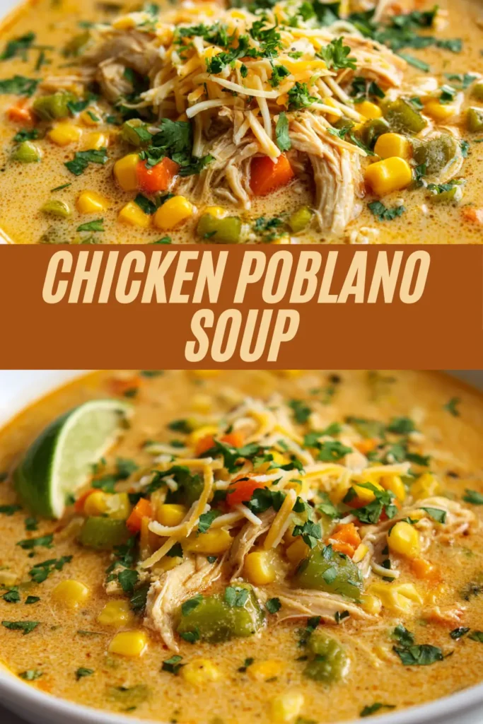 Chicken poblano soup recipe with shredded chicken, corn, peppers, carrots, cilantro, and shredded cheese in a creamy broth garnished with lime.