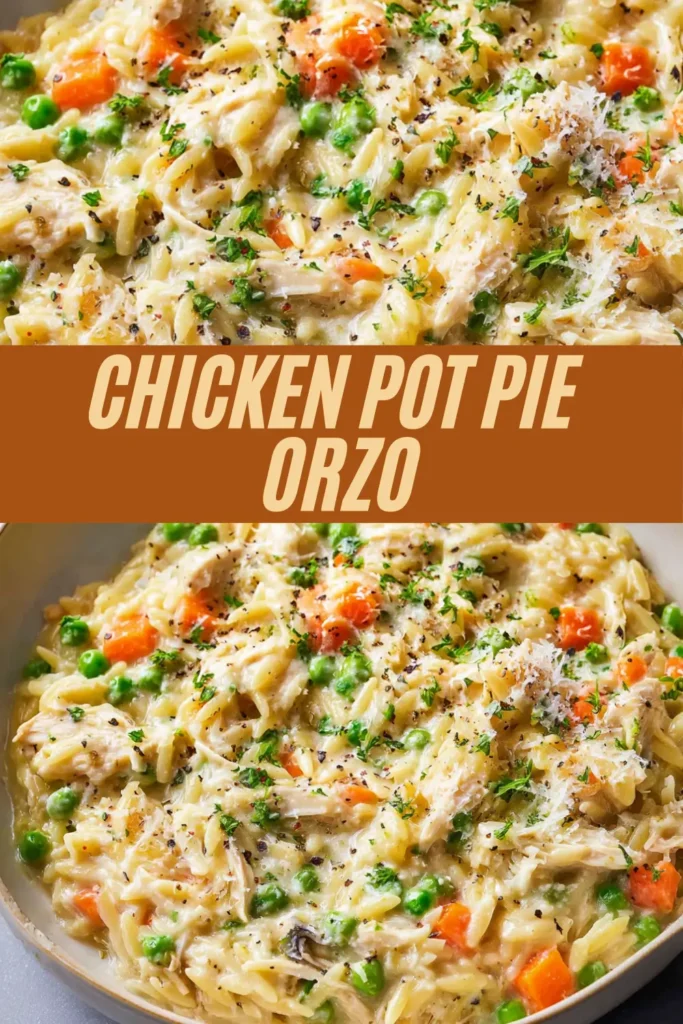 Skillet of creamy orzo pasta with shredded chicken, peas, carrots, and herbs, topped with black pepper and grated cheese.