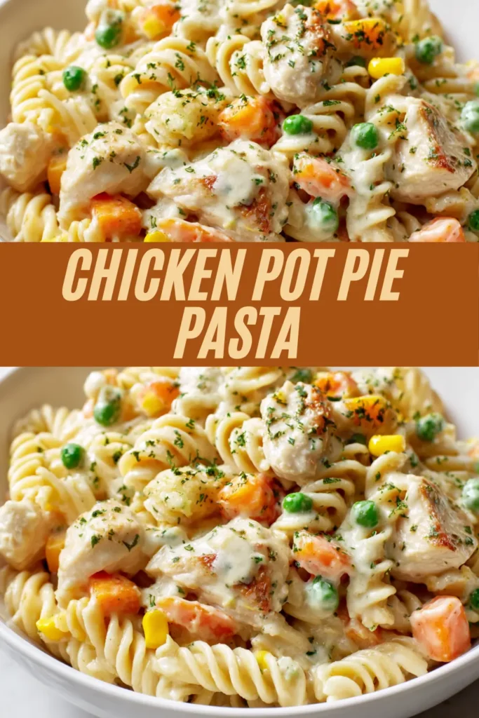 Chicken pot pie pasta recipe with rotini, tender chicken, peas, carrots, corn, and creamy herb sauce in a bowl.