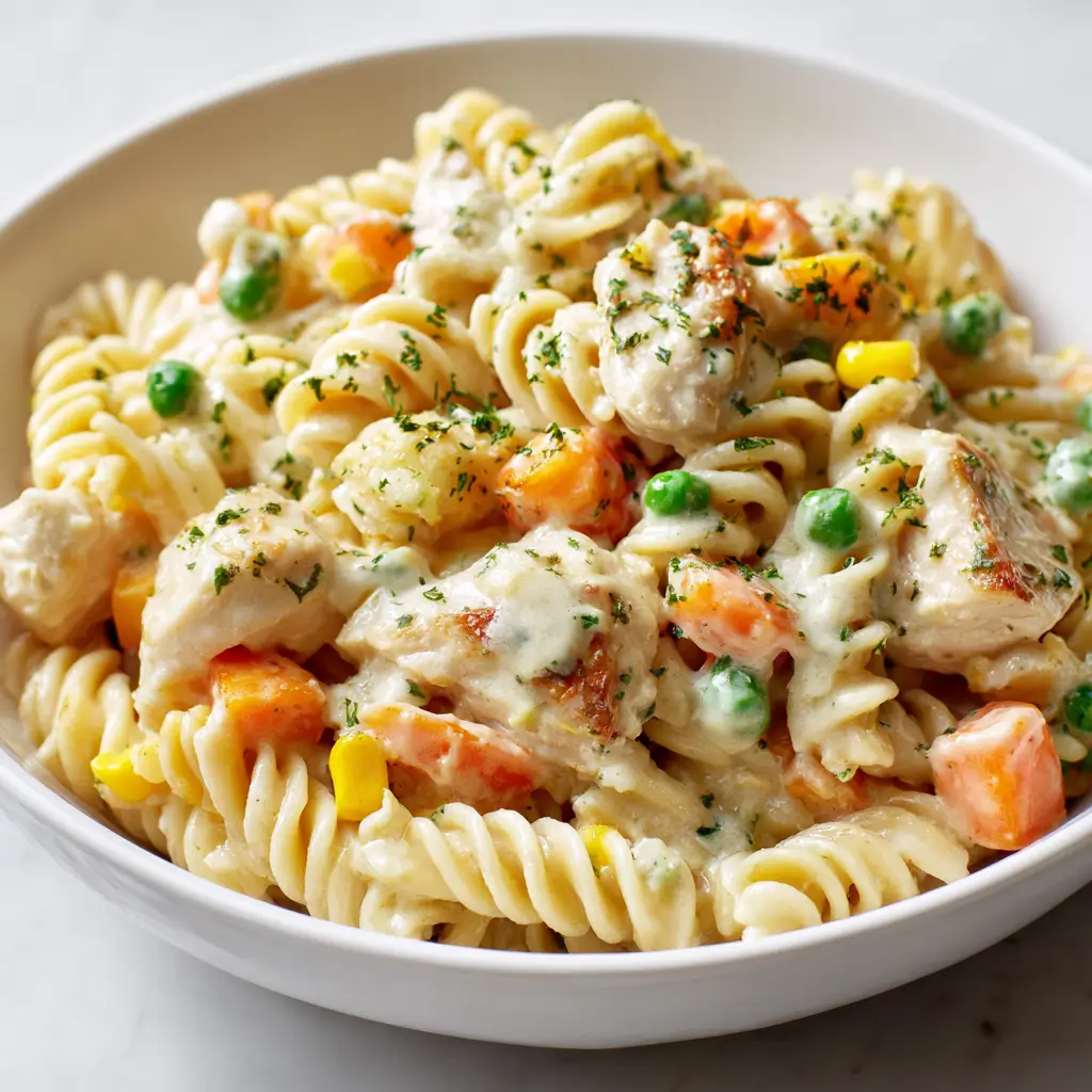 Chicken pot pie pasta with rotini, tender chicken, peas, carrots, and corn coated in a creamy sauce in a white bowl.