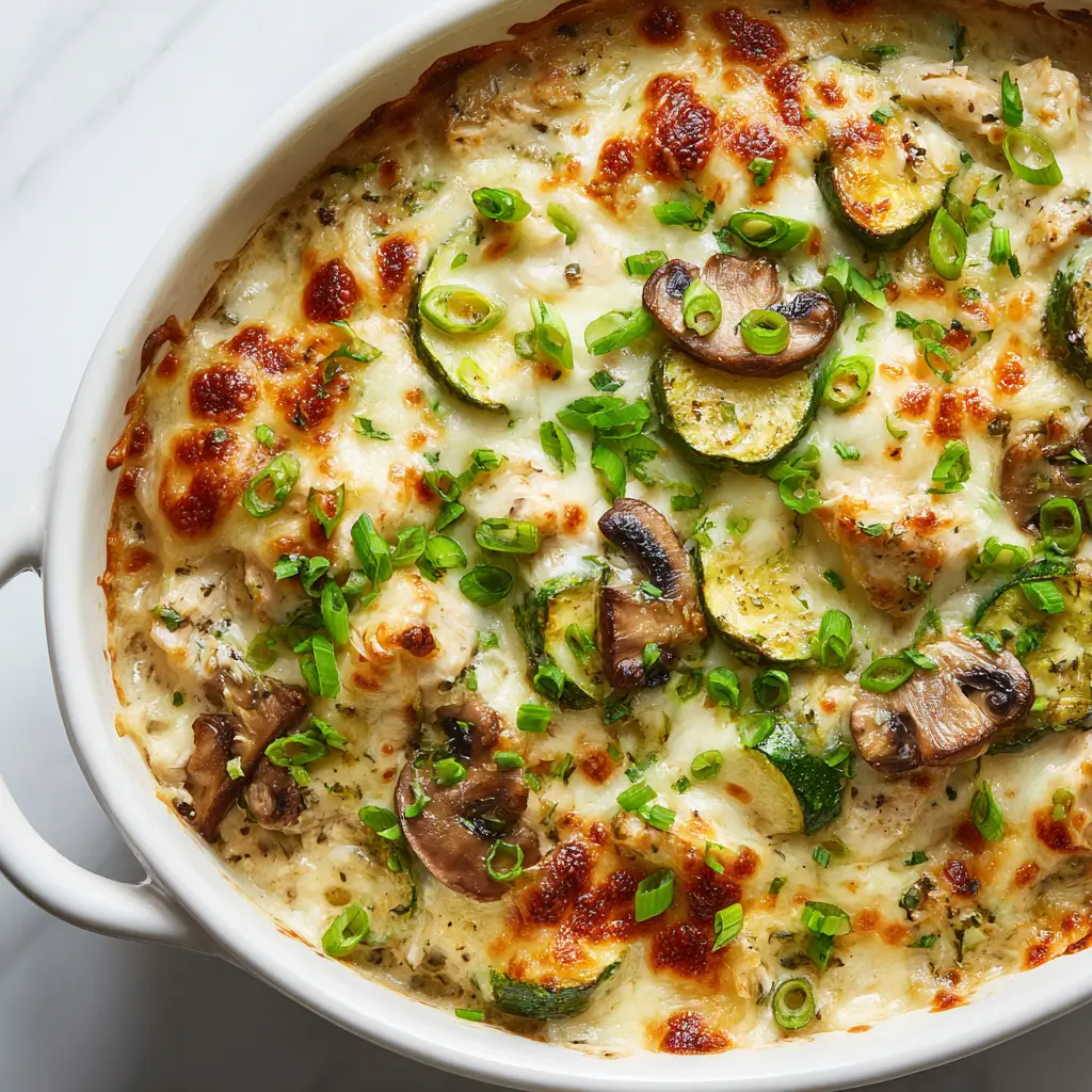 A set of food images showcasing ten diverse recipes: creamy Chicken Zucchini Bake, a savory Italian Sausage and Rice Skillet, a classic Chicken Pot Pie, a buttery Shrimp Scampi, a cheesy Chicken Spaghetti Bake, a low-carb Cabbage Soup, two baked desserts (Brownies and Banana Bread), and a Peach French Toast Bake.