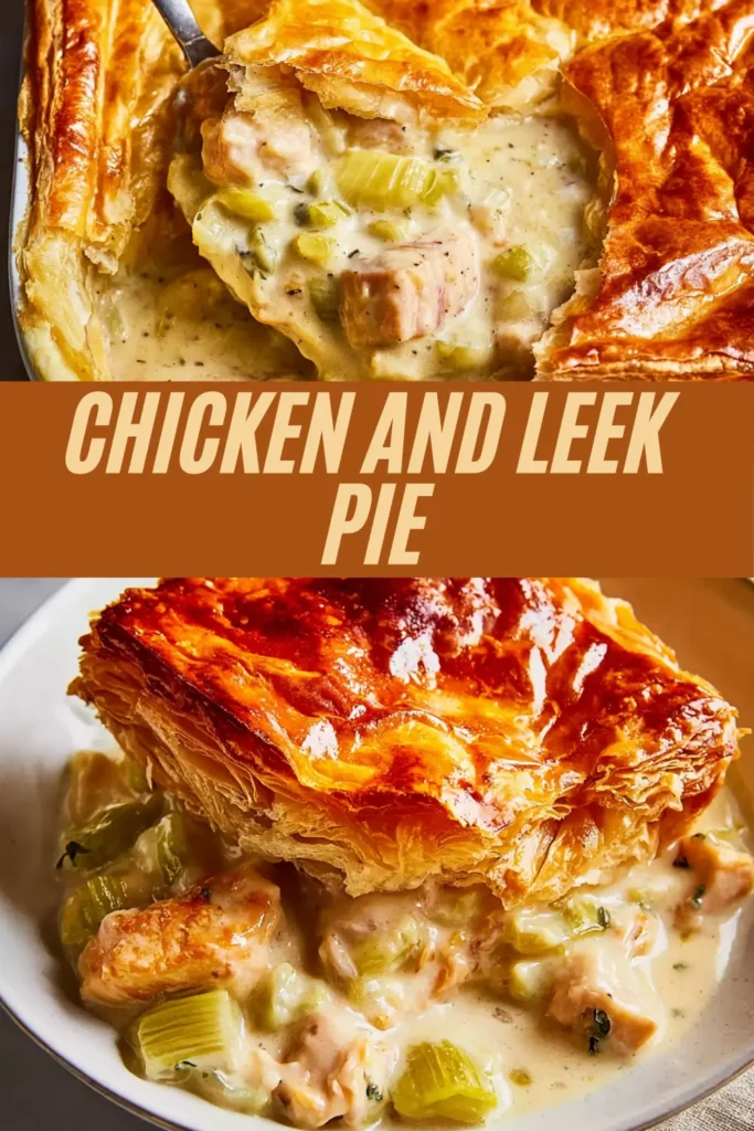 Golden puff pastry-topped chicken and leek pie with creamy filling being spooned from the pan.