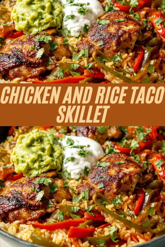Chicken and rice taco skillet recipe with seasoned chicken, peppers, taco-spiced rice, guacamole, sour cream, and cilantro in one pan.