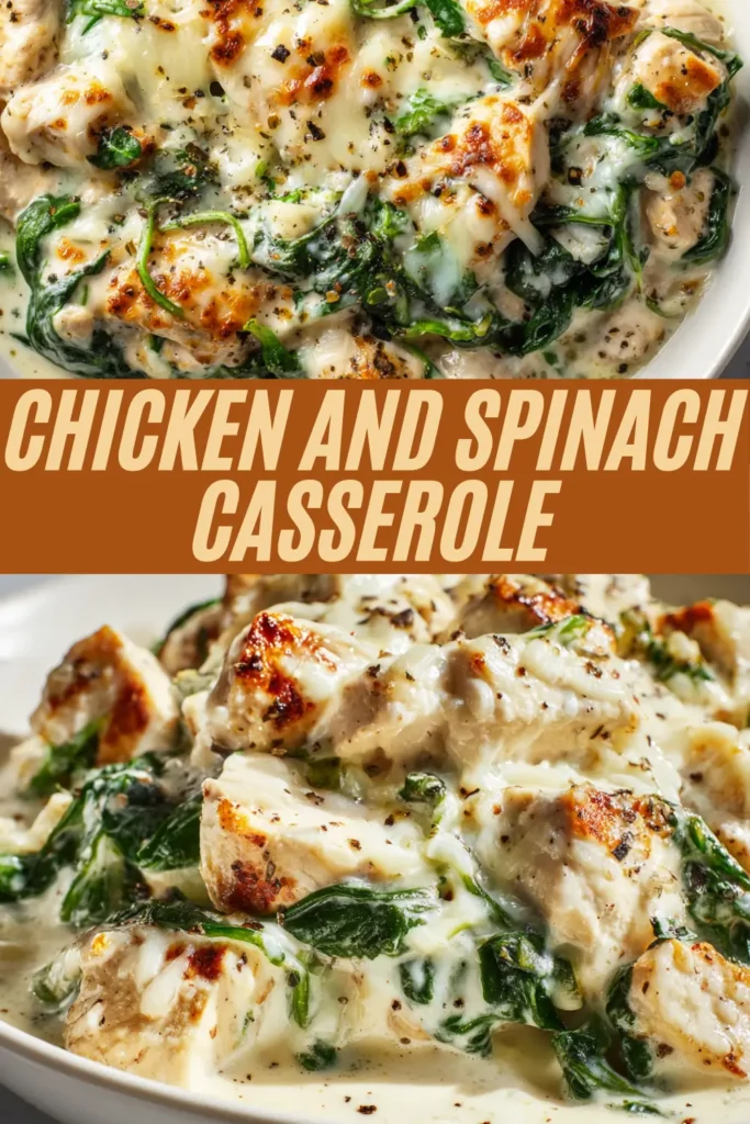 Recipe card for chicken and spinach casserole with melted cheese, creamy sauce, and fresh spinach.