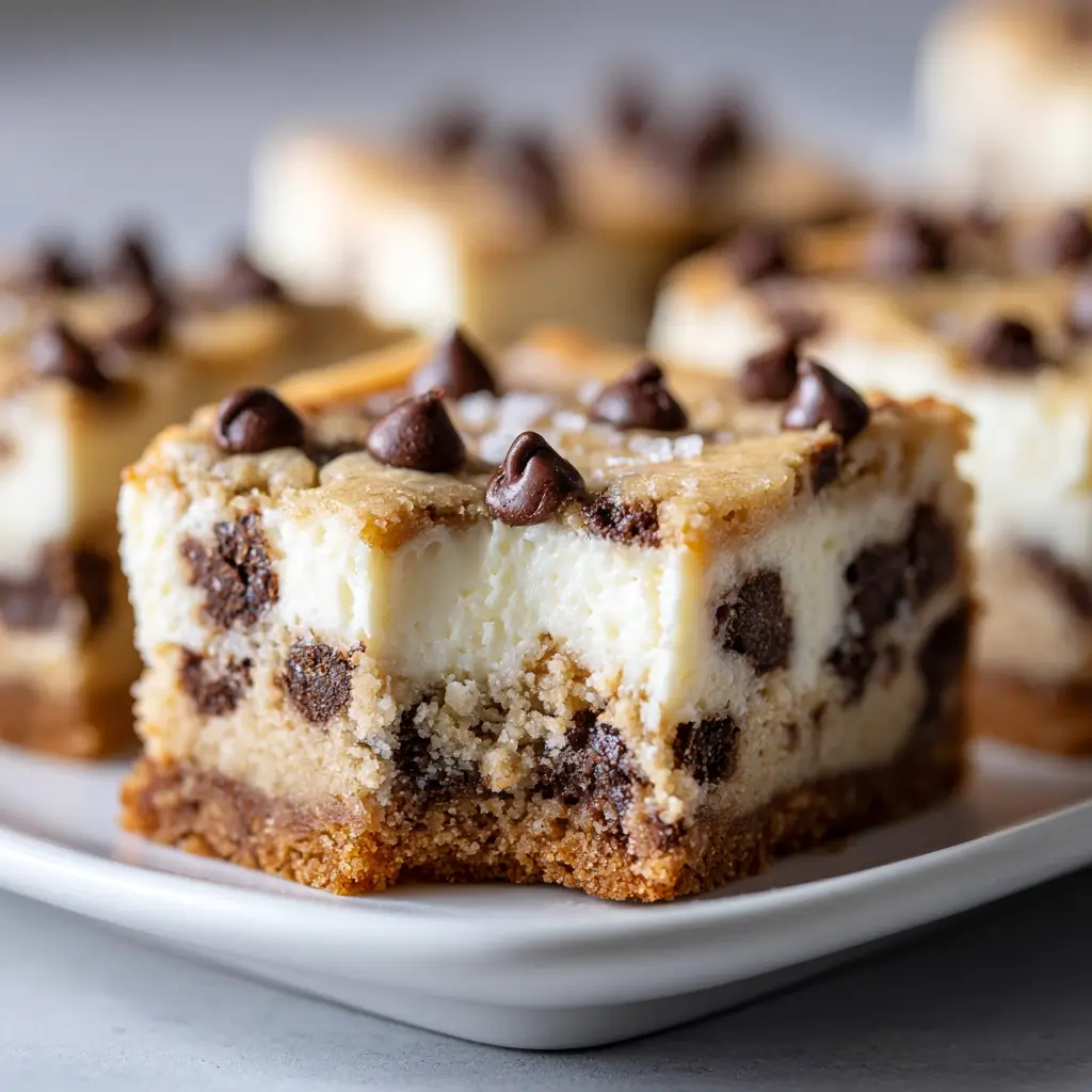 Close-up of a chocolate chip cookie cheesecake bar with a cookie crust, creamy cheesecake layer, and chocolate chips on top, served on a white plate.