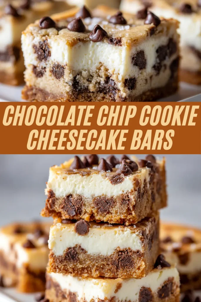 Chocolate chip cookie cheesecake bars with a thick cookie base, creamy vanilla cheesecake layer, and chocolate chips on top, stacked on a plate.