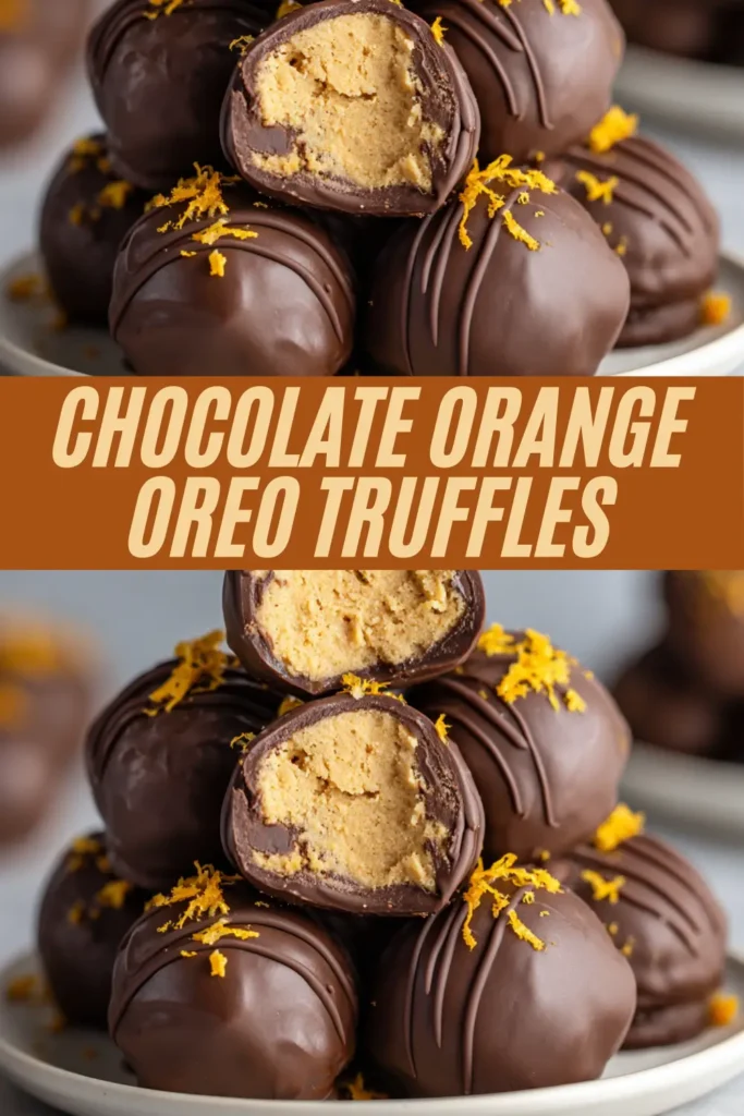 Stack of chocolate-coated truffles with an orange Oreo filling, one cut open to show the creamy orange center and topped with orange zest.