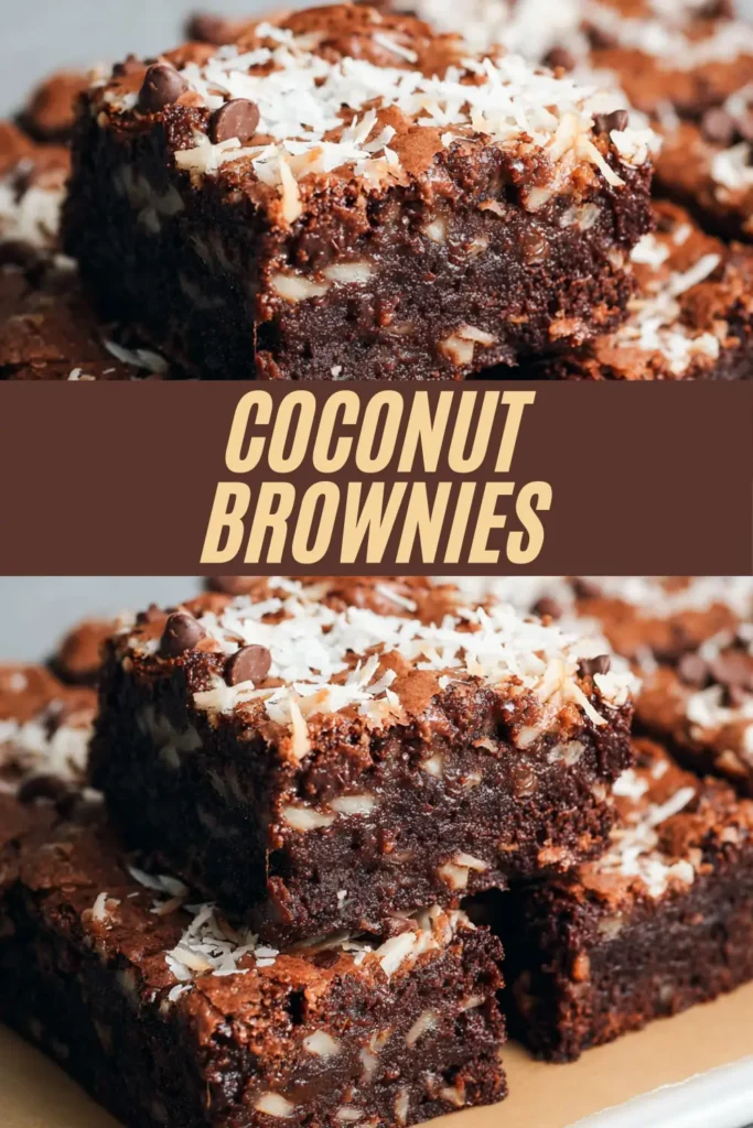 Stack of chocolate brownies with shredded coconut and text overlay reading Coconut Brownies