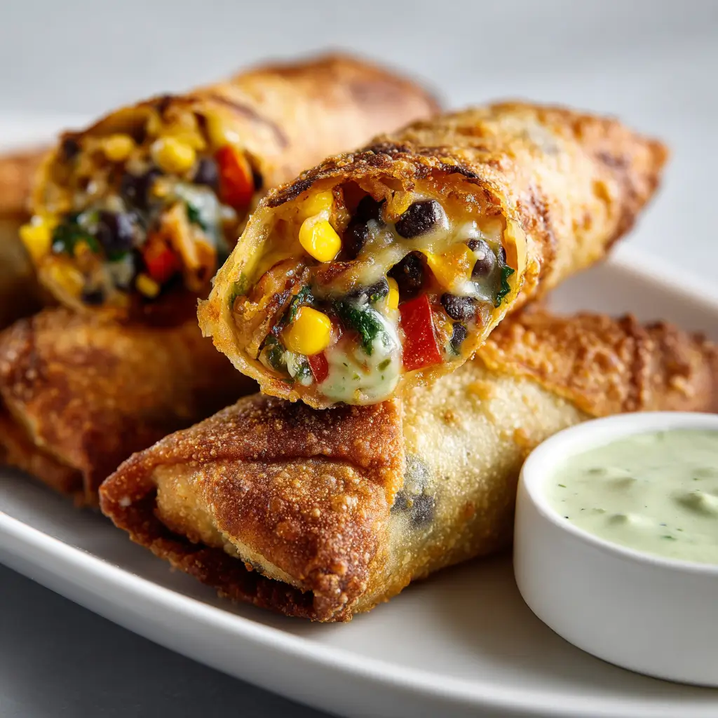 Copycat Chili’s Southwestern eggrolls filled with corn, black beans, chicken, peppers, spinach, and melted cheese served with creamy dipping sauce.